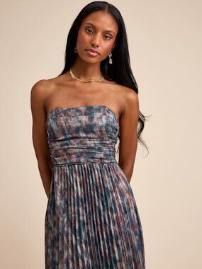 Lulus Islya Slate Blue Multi Abstract Pleated Strapless Maxi Dress - Size L